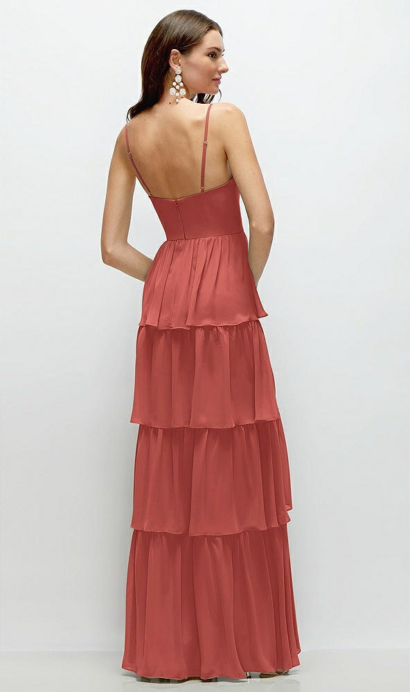 Back View - Coral Pink Bustier-Style Chiffon Tiered Ruffle Maxi Dress with Adjustable Straps