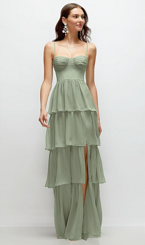 Front View - Sage Bustier-Style Chiffon Tiered Ruffle Maxi Dress with Adjustable Straps