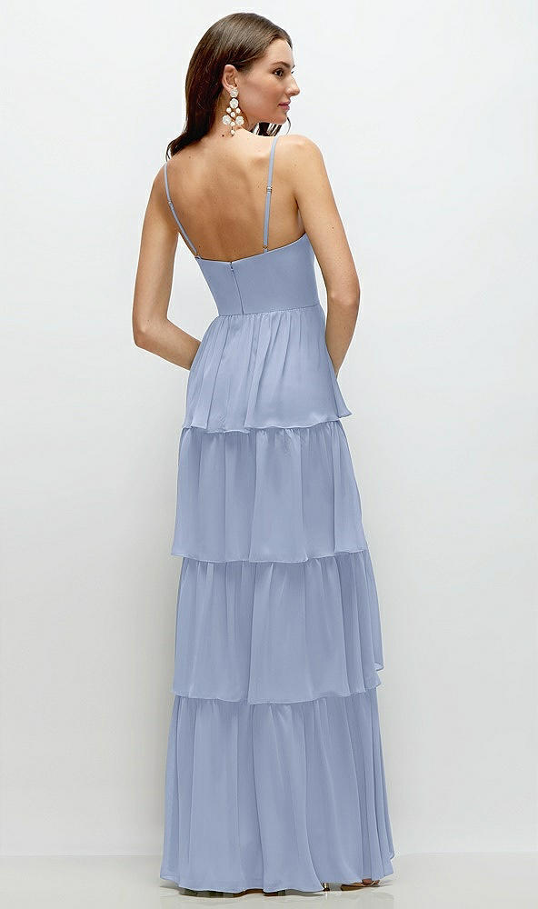 Back View - Sky Blue Bustier-Style Chiffon Tiered Ruffle Maxi Dress with Adjustable Straps