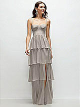 Front View Thumbnail - Taupe Bustier-Style Chiffon Tiered Ruffle Maxi Dress with Adjustable Straps