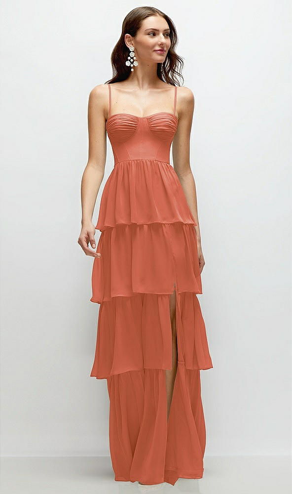 Front View - Terracotta Copper Bustier-Style Chiffon Tiered Ruffle Maxi Dress with Adjustable Straps