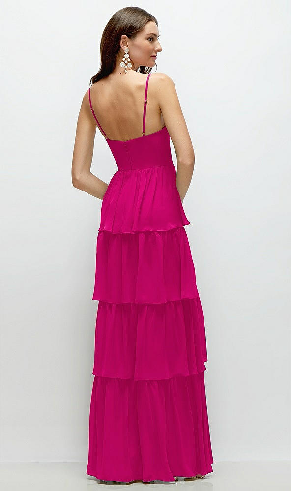 Back View - Think Pink Bustier-Style Chiffon Tiered Ruffle Maxi Dress with Adjustable Straps