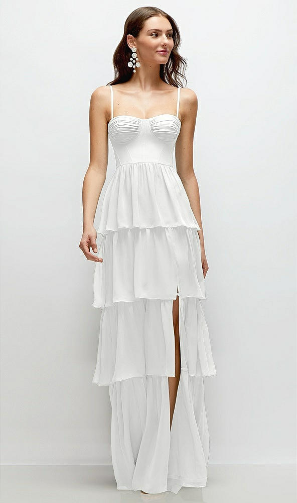 Front View - White Bustier-Style Chiffon Tiered Ruffle Maxi Dress with Adjustable Straps