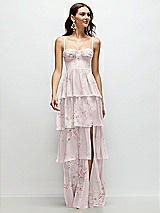 Front View Thumbnail - Watercolor Print Bustier-Style Chiffon Tiered Ruffle Maxi Dress with Adjustable Straps