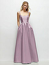 Front View Thumbnail - Suede Rose Scoop Neck Inset Corset Satin Maxi Dress with Pockets