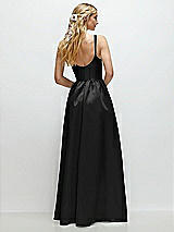 Rear View Thumbnail - Black Scoop Neck Inset Corset Satin Maxi Dress with Pockets