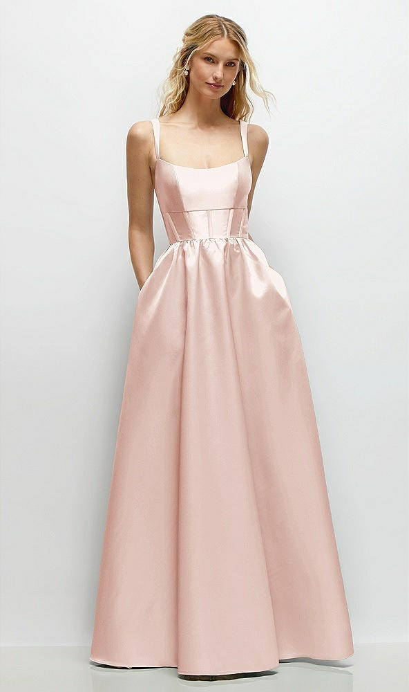 Front View - Blush Scoop Neck Inset Corset Satin Maxi Dress with Pockets