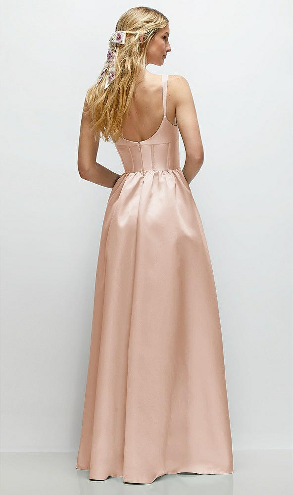 Back View - Cameo Scoop Neck Inset Corset Satin Maxi Dress with Pockets