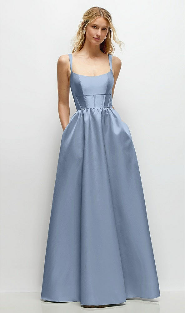 Front View - Cloudy Scoop Neck Inset Corset Satin Maxi Dress with Pockets