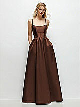 Front View Thumbnail - Cognac Scoop Neck Inset Corset Satin Maxi Dress with Pockets