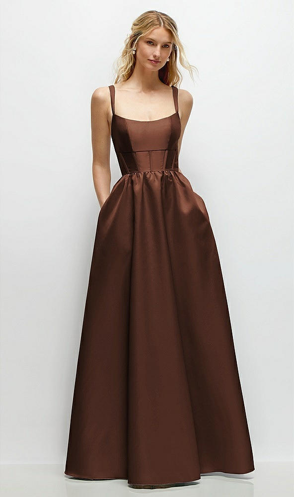 Front View - Cognac Scoop Neck Inset Corset Satin Maxi Dress with Pockets