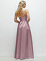 Rear View Thumbnail - Dusty Rose Scoop Neck Inset Corset Satin Maxi Dress with Pockets