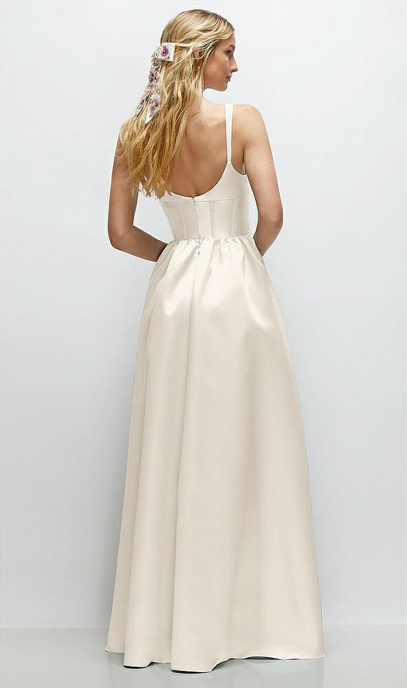 Back View - Ivory Scoop Neck Inset Corset Satin Maxi Dress with Pockets