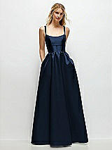 Front View Thumbnail - Midnight Navy Scoop Neck Inset Corset Satin Maxi Dress with Pockets