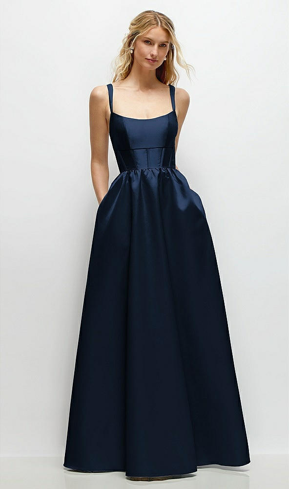 Front View - Midnight Navy Scoop Neck Inset Corset Satin Maxi Dress with Pockets