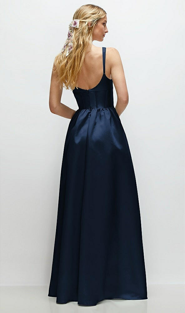 Back View - Midnight Navy Scoop Neck Inset Corset Satin Maxi Dress with Pockets