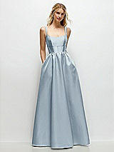 Front View Thumbnail - Mist Scoop Neck Inset Corset Satin Maxi Dress with Pockets