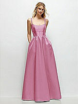 Front View Thumbnail - Powder Pink Scoop Neck Inset Corset Satin Maxi Dress with Pockets