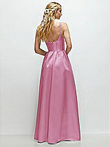 Rear View Thumbnail - Powder Pink Scoop Neck Inset Corset Satin Maxi Dress with Pockets