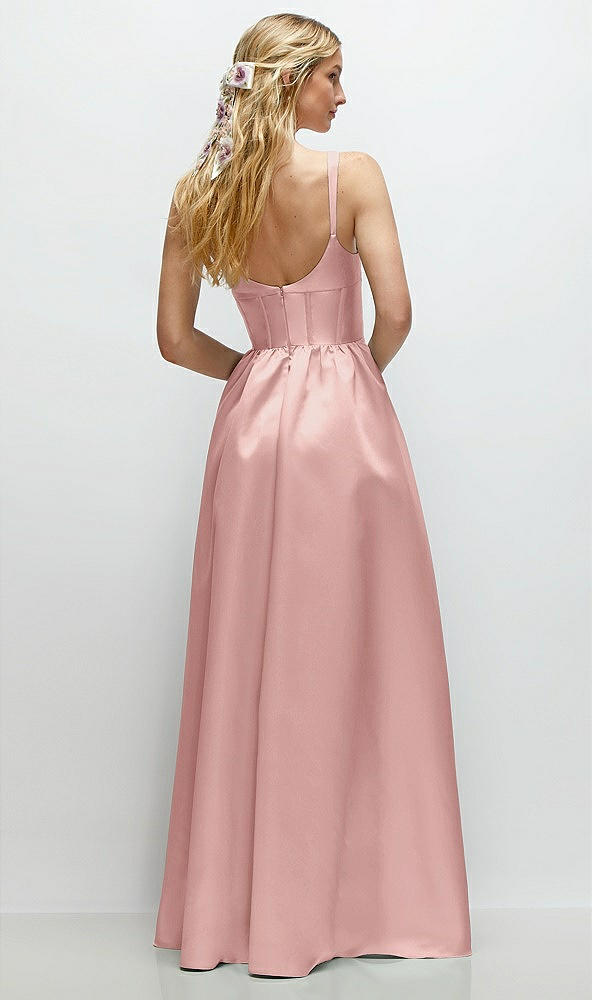 Back View - Rose - PANTONE Rose Quartz Scoop Neck Inset Corset Satin Maxi Dress with Pockets