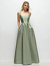 Front View Thumbnail - Sage Scoop Neck Inset Corset Satin Maxi Dress with Pockets