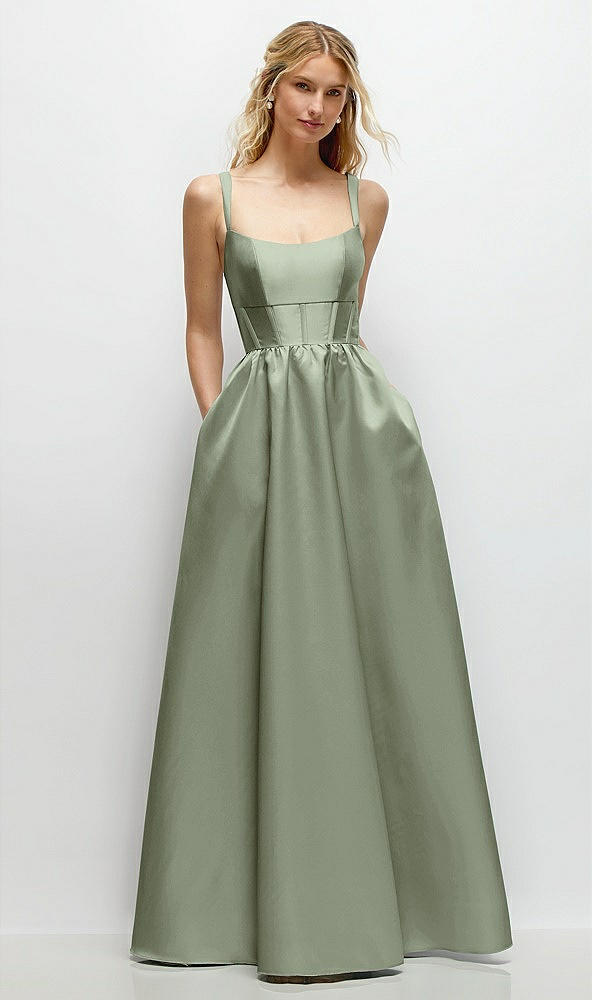 Front View - Sage Scoop Neck Inset Corset Satin Maxi Dress with Pockets