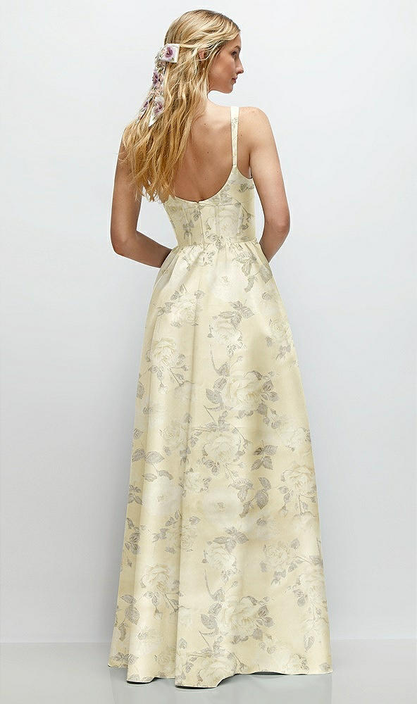 Back View - Butter Yellow Floral Scoop Neck Inset Corset Floral Satin Maxi Dress with Pockets