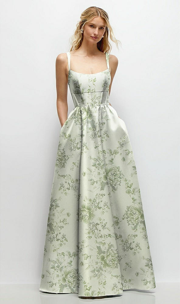 Front View - Sage Cottage Rose Scoop Neck Inset Corset Floral Satin Maxi Dress with Pockets