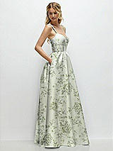 Side View Thumbnail - Sage Cottage Rose Scoop Neck Inset Corset Floral Satin Maxi Dress with Pockets