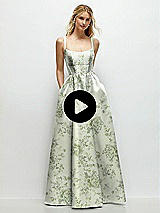 Video 1 Thumbnail - Sage Cottage Rose Scoop Neck Inset Corset Floral Satin Maxi Dress with Pockets