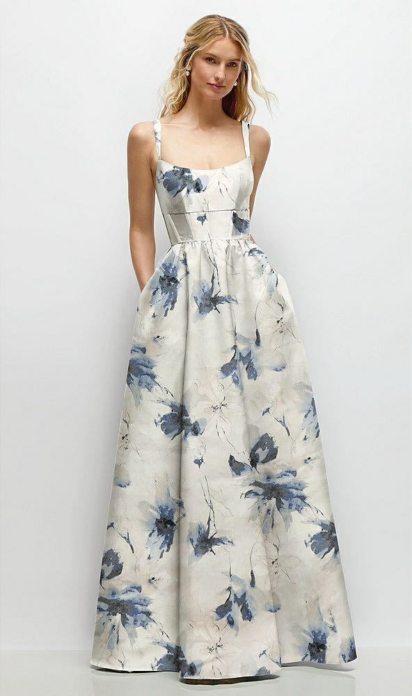 Front View - Inkwash Blue Floral Scoop Neck Inset Corset Floral Satin Maxi Dress with Pockets