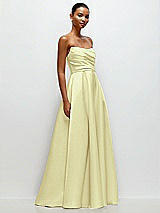 Front View Thumbnail - Butter Yellow Strapless Draped Cat-Eye Satin Maxi Dress with Full Skirt