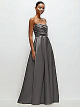 Front View Thumbnail - Caviar Gray Strapless Draped Cat-Eye Satin Maxi Dress with Full Skirt