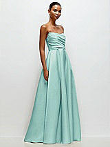 Front View Thumbnail - Coastal Strapless Draped Cat-Eye Satin Maxi Dress with Full Skirt