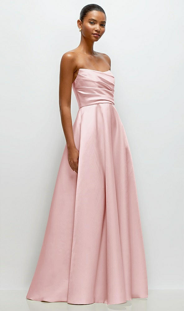 Front View - Ballet Pink Strapless Draped Cat-Eye Satin Maxi Dress with Full Skirt