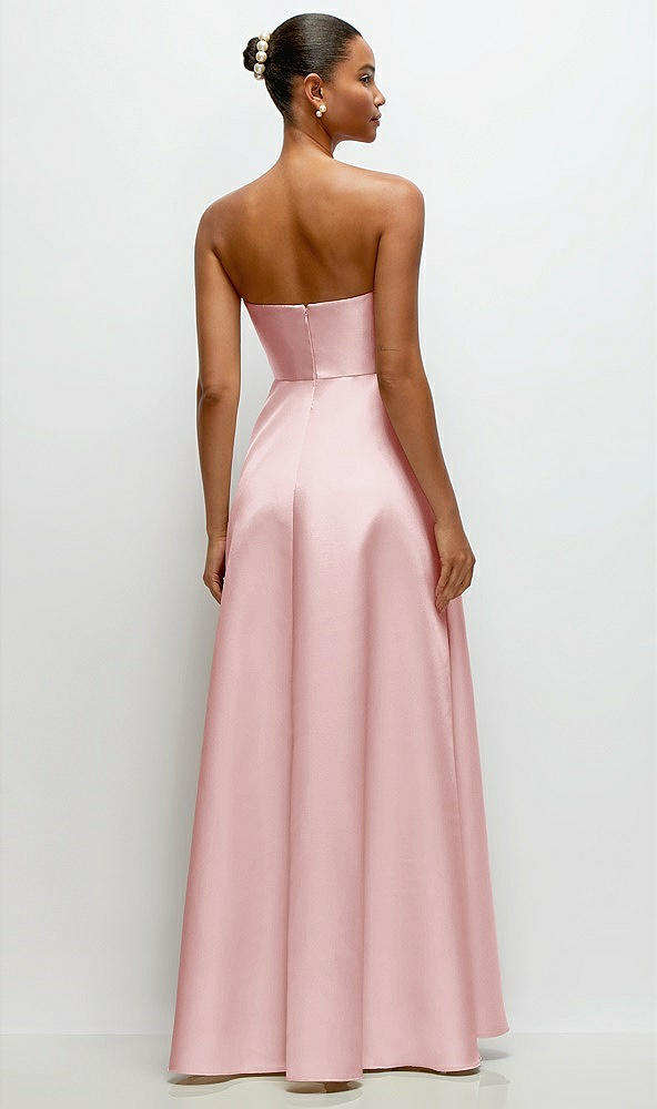 Back View - Ballet Pink Strapless Draped Cat-Eye Satin Maxi Dress with Full Skirt