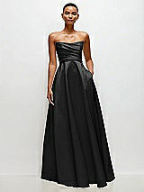 Side View Thumbnail - Black Strapless Draped Cat-Eye Satin Maxi Dress with Full Skirt