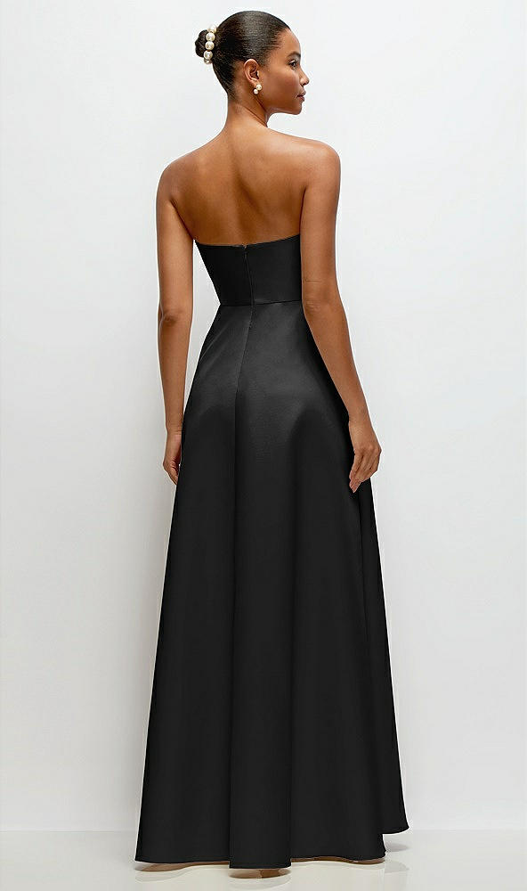 Back View - Black Strapless Draped Cat-Eye Satin Maxi Dress with Full Skirt