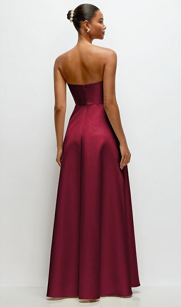 Back View - Burgundy Strapless Draped Cat-Eye Satin Maxi Dress with Full Skirt