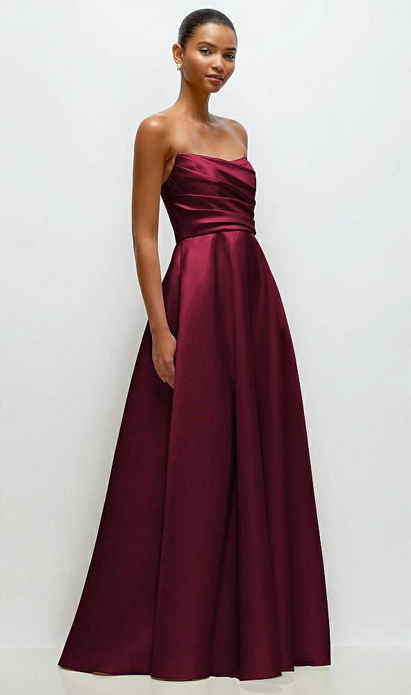 Front View - Cabernet Strapless Draped Cat-Eye Satin Maxi Dress with Full Skirt