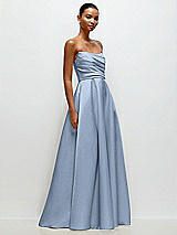 Front View Thumbnail - Cloudy Strapless Draped Cat-Eye Satin Maxi Dress with Full Skirt