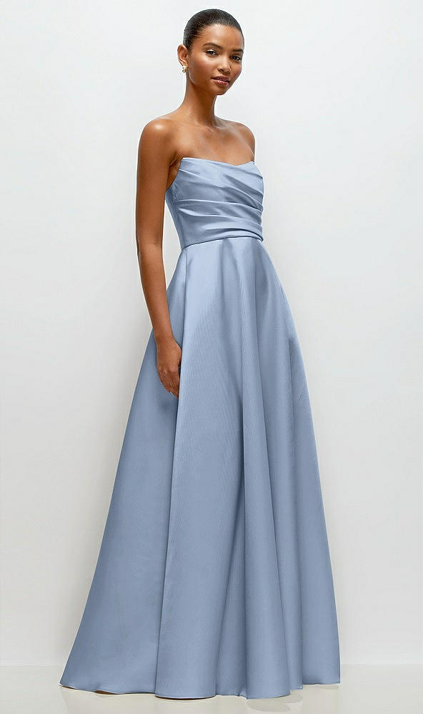 Front View - Cloudy Strapless Draped Cat-Eye Satin Maxi Dress with Full Skirt