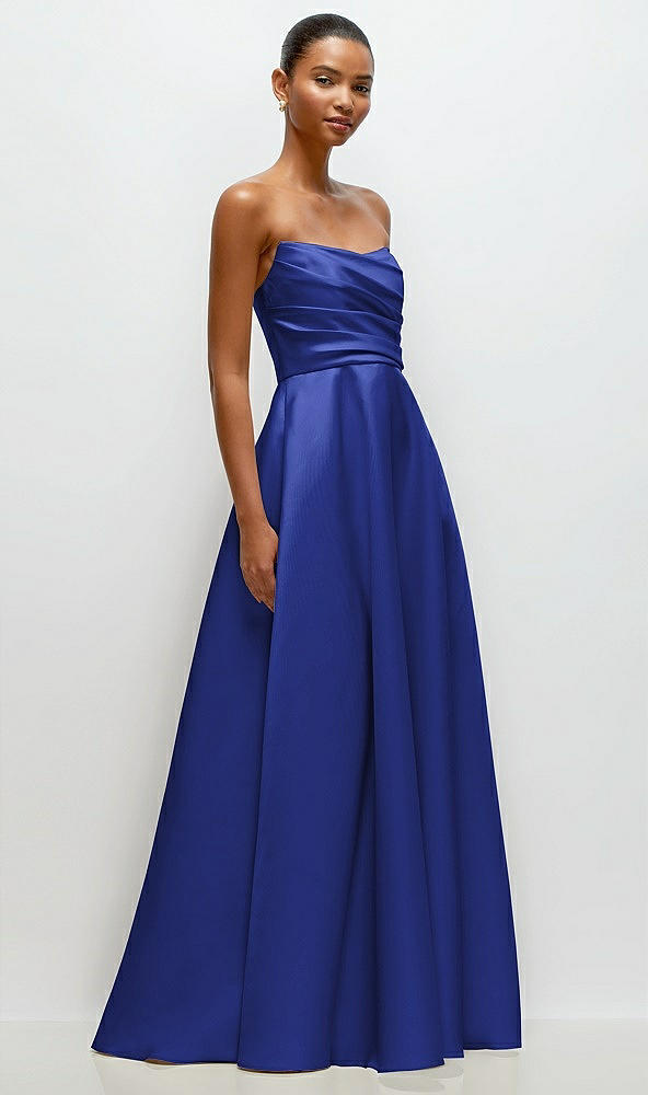 Front View - Cobalt Blue Strapless Draped Cat-Eye Satin Maxi Dress with Full Skirt