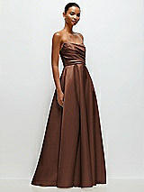 Front View Thumbnail - Cognac Strapless Draped Cat-Eye Satin Maxi Dress with Full Skirt