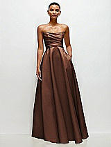 Side View Thumbnail - Cognac Strapless Draped Cat-Eye Satin Maxi Dress with Full Skirt