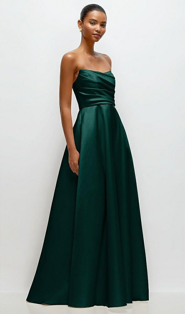 Front View - Evergreen Strapless Draped Cat-Eye Satin Maxi Dress with Full Skirt