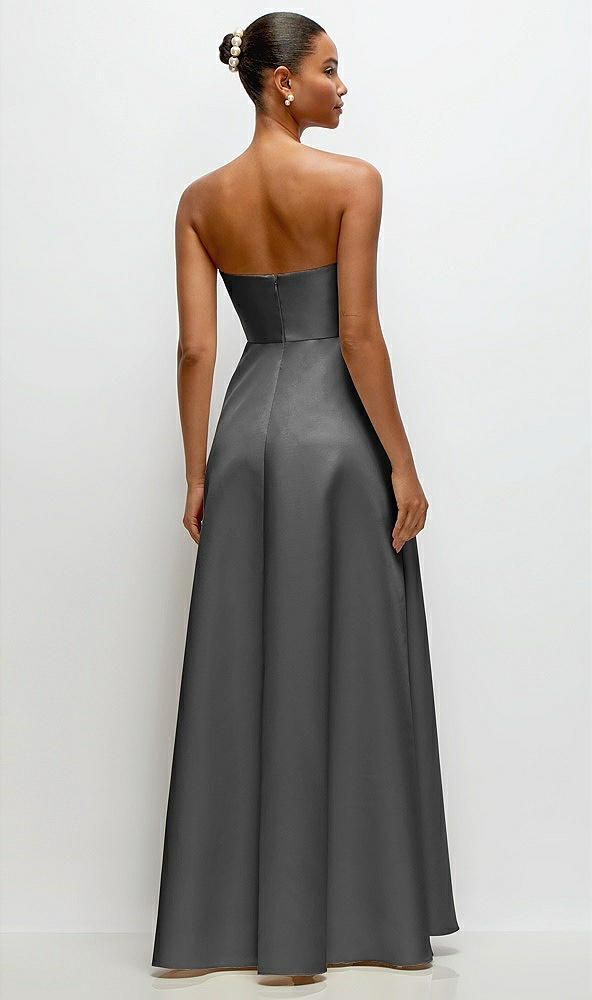 Back View - Gunmetal Strapless Draped Cat-Eye Satin Maxi Dress with Full Skirt