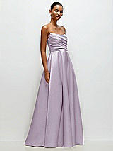 Front View Thumbnail - Lilac Haze Strapless Draped Cat-Eye Satin Maxi Dress with Full Skirt