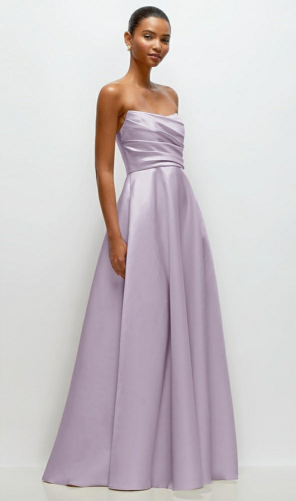 Front View - Lilac Haze Strapless Draped Cat-Eye Satin Maxi Dress with Full Skirt