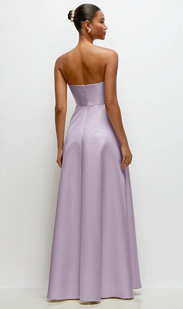 Back View - Lilac Haze Strapless Draped Cat-Eye Satin Maxi Dress with Full Skirt